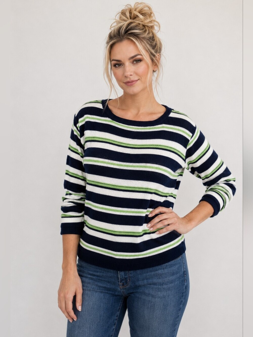 CHRISTIAN SIRIANO 𝅺White Navy Green Striped Knit Sweater Top S NWT